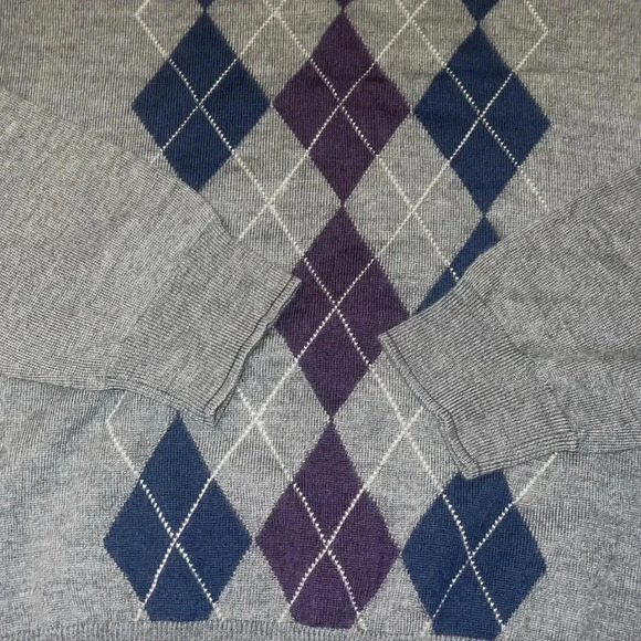 Jos A Bank Sweater Mens Large Gray navy Wool Argyle V-Neck Preppy Academia Knit - Picture 4 of 8